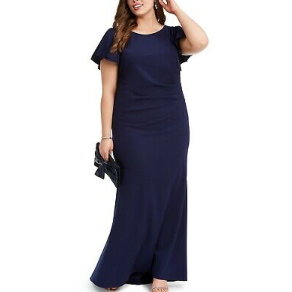 Betsy & Adam Flutter-Sleeve Scuba Crepe Gown
